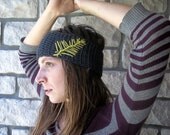 Tribal Hippie Headband with Green Feather / Crochet Wool Ear Warmer