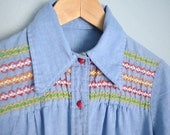 Vintage 70s Light Blue Breezy Embroidered Tunic Smock Blouse // womens medium