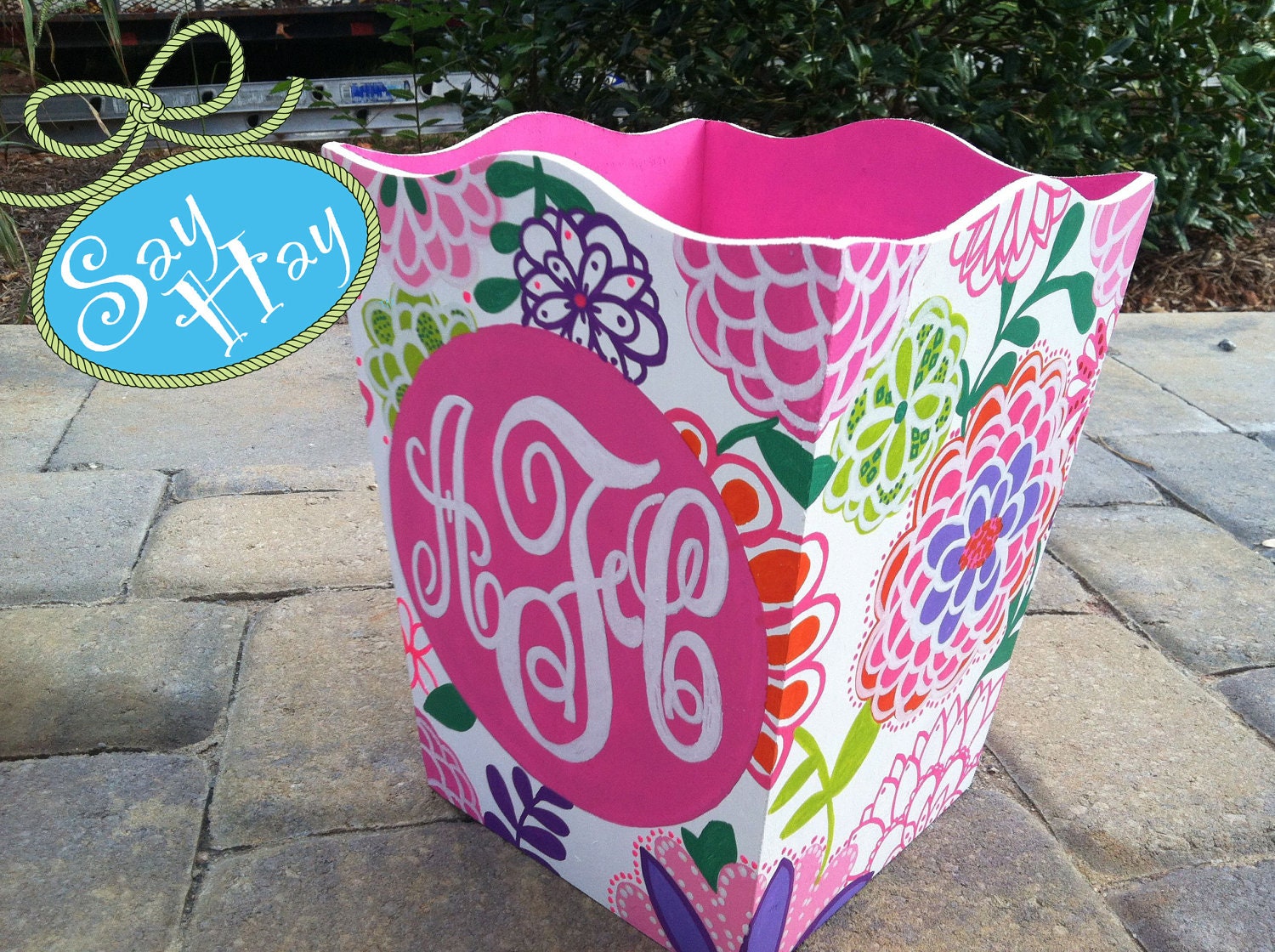 Hand-painted Monogram Wastebasket inspired by Lilly Pulitzer or other print