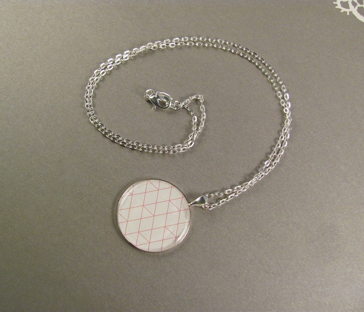 GeoDial - Geometric Triangle Diamond Print Pattern Necklace, Silver-Plated, Red & White Grid