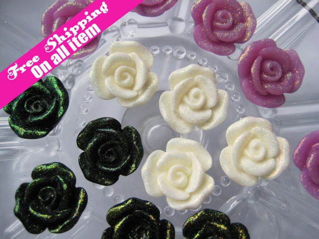 20mm Glitter Rose Flowers Cabochons Flatback // Three colors , 9 pc