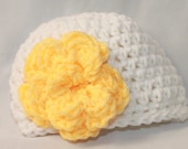 Newborn Flower Hat - Infant Flower Hat - Baby Flower Beanie - Crochet Baby Flower Hat - Newborn Crochet Hat -  White Yellow - MyStitchInTime