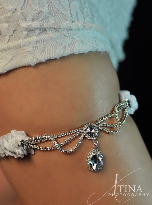 Sexy Glam Couture Crystal White Satin Wedding Garter