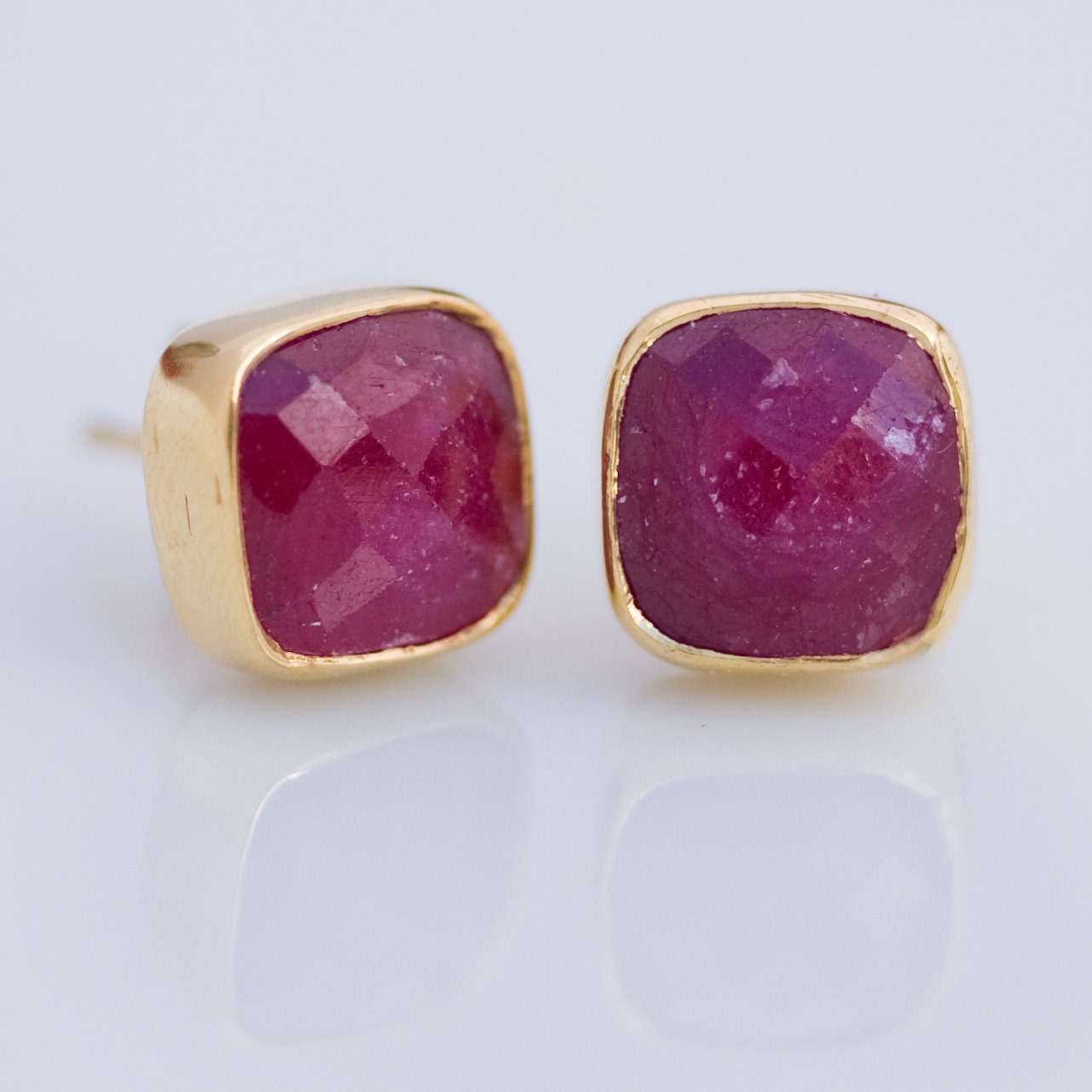 Stud Earrings - Cushion Red Ruby Stud Post Earrings - Gold Stud Gemstone Earrings - July Birthstone Earrings