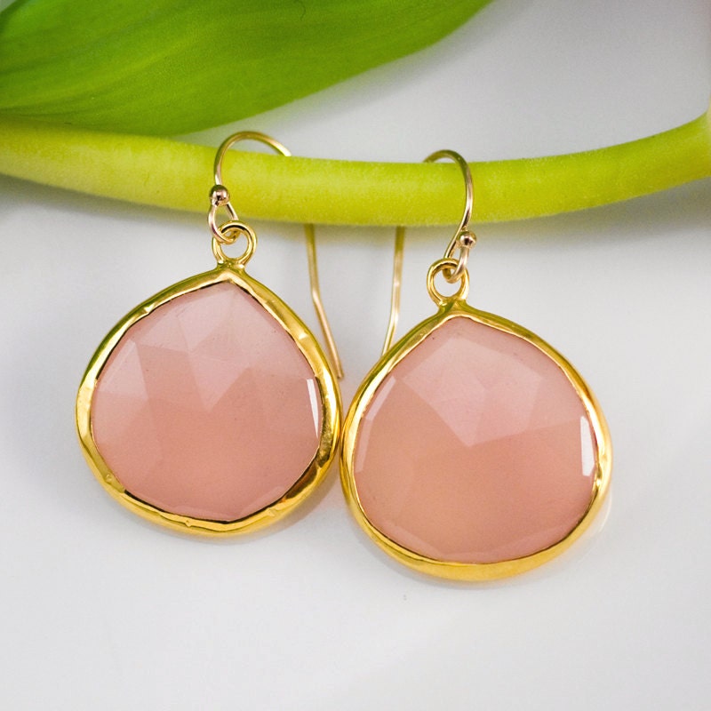 October Birthstone Jewelry - Pink Chalcedony Earrings - Bezel set earrings - Gemstone earrings - gold earrings