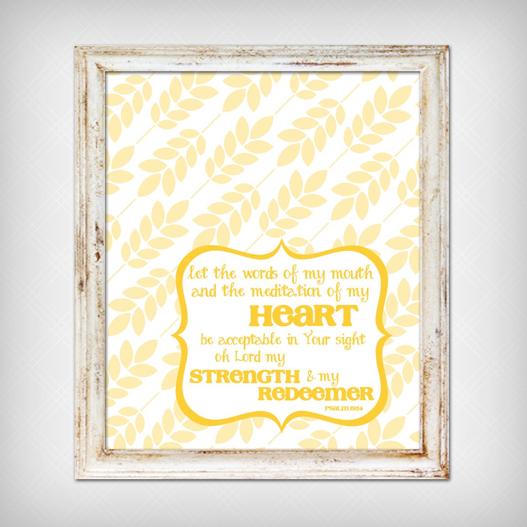 Bible Verse "Words of My Mouth" - Christian Scripture - 8x10 Art Print - Psalm 19:14 - Goldenrod Yellow