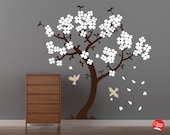 Cherry blossom tree decal. Removable vinyl wall decal. Pink blossoms and birds