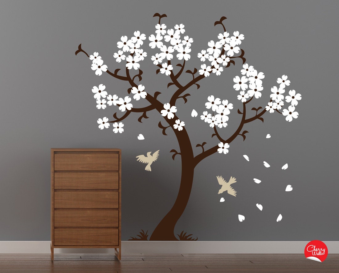 Cherry blossom tree decal. Removable vinyl wall decal. Pink blossoms and birds
