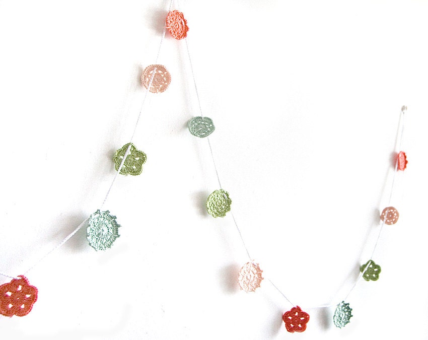 Crochet flower garland bunting home wall wedding decor baby nursery banner hanging doily granny chic coral mint pistachio orange salmon