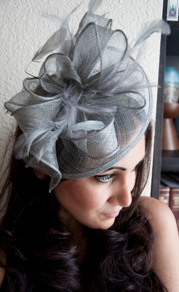 Gray Fascinator - "Penny" Mesh Hat Fascinator with Mesh Ribbons and Gray Feathers