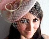 Pink Fascinator - Light Pink & Ivory Fascinator Hat Headband w/Ribbon waves a Ivory birdcage veil