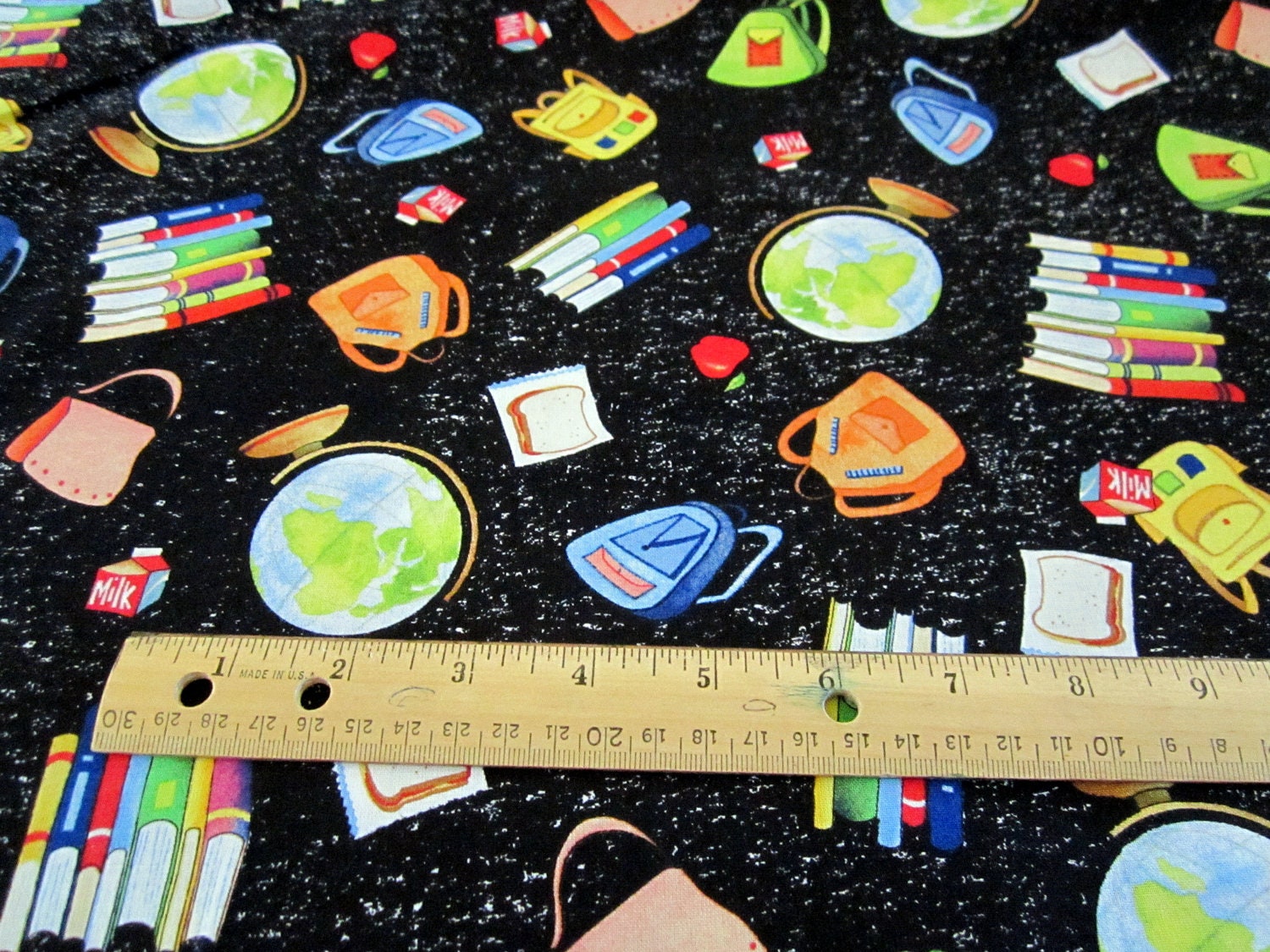 School Days Tossed School Supplies on Black by Quilting Treasures BTY