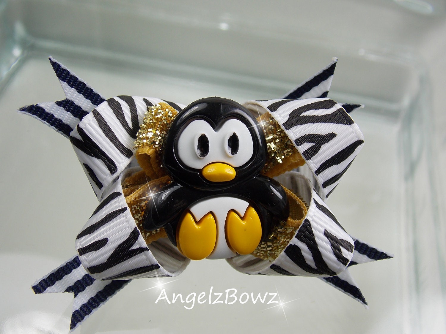 Black and White Striped with Gold Bling Dog Bow with a Sweet Penguin Center