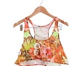70s PhotoPrint Floral Crop top wif Neon Yellow Fringe size M