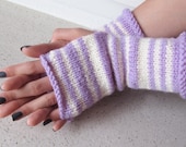 Purple and creamy white superwash wool striped handwarmers