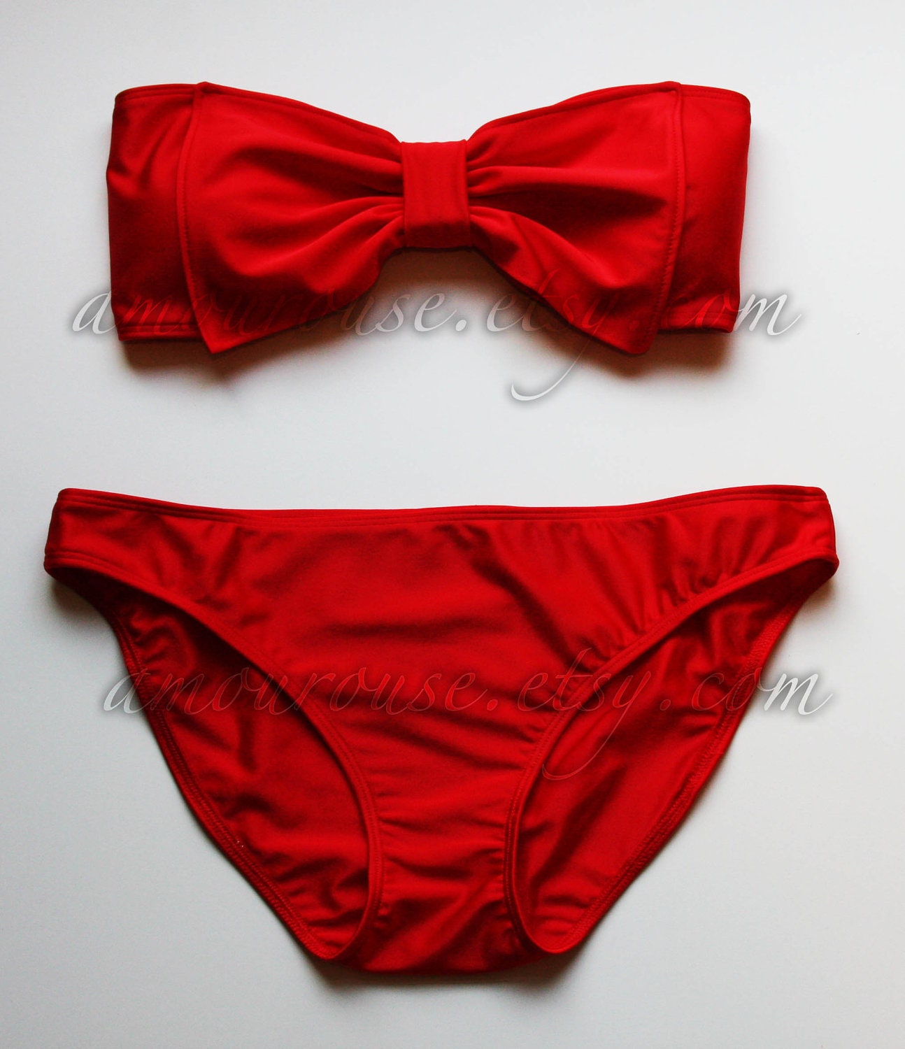 Cherry Red Lycra Swim Fabric Bow Bandeau with Padding and Bikini Bottom