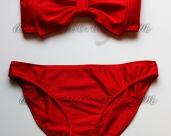 Cherry Red Lycra Swim Fabric Bow Bandeau with Padding and Bikini Bottom