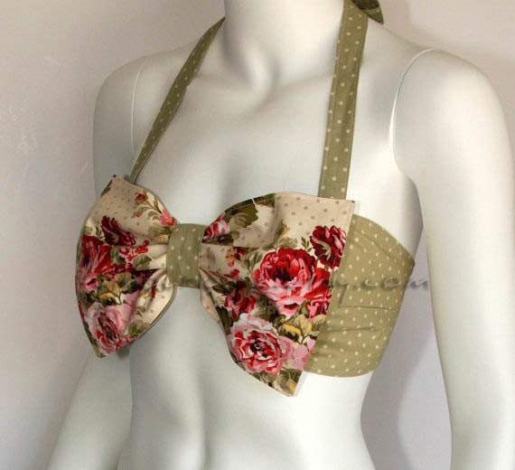 Garden and Dots Print Bow Bandeau and Bikini with Hip Ruffle