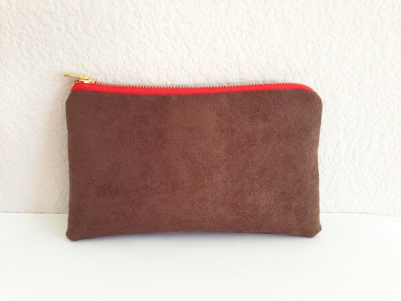 Faux Suede Pouch Bag Purse with Blood Orange gold metal zipper and Ochre lining