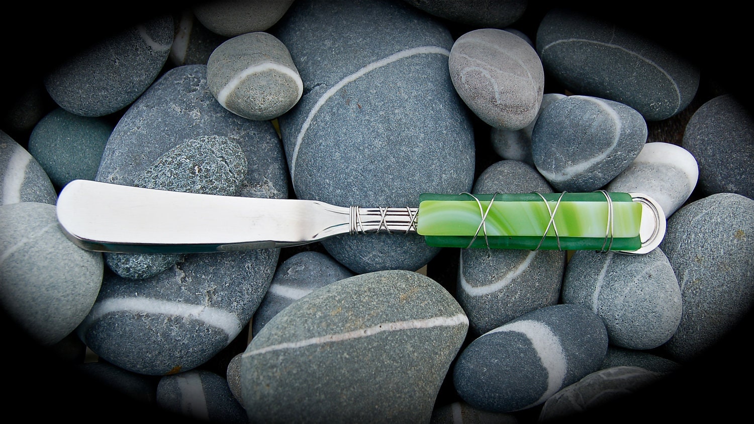Sea Glass Cheese Knife made with Recycled Bottle "Tumbled Island Glass"  in Grass Green. Dishwasher safe Stainless Steel