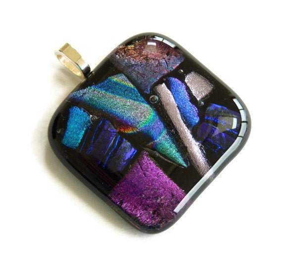 Fused glass pendant, multicoloured dichroic glass pendant necklace, purple, blue, turquoise