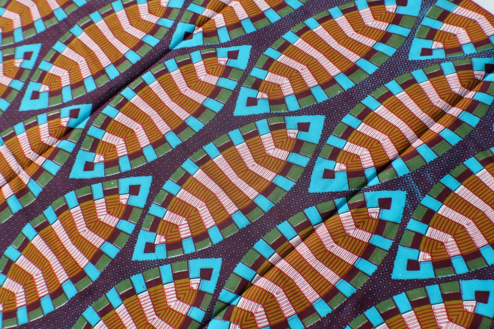 BATIK Ankara, African wax print fabric - Purple, Aqua, Mustard Plume Pattern, 1 yard x 46"