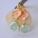 Gold Dangle Earrings with Coral Orange Flower and Aqua Teardrop. Dangle Earrings in Gold. Fashion Earrings.