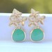 Palace Green Teardrop and Gold Earrings.  Green Glass and Gold Cherry Blossom Flower Post Drop Earrings.  Wedding Jewelry. Bridesmaid Gifts.