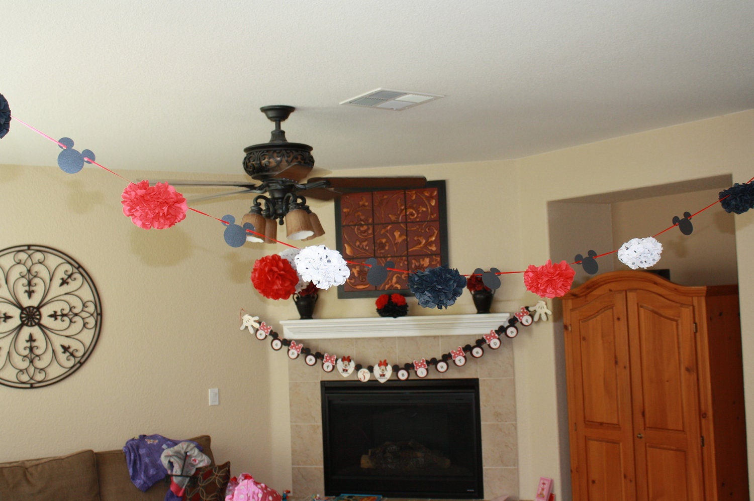 Tissue Paper Pom Poms -Set of 10- Mickey Mouse, Minnie Mouse or Ladybug Birthday Party - Polka Dot Decorations