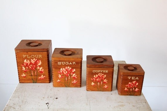 1950s Kitchen Canisters // Vintage Wood Dovetail Containers