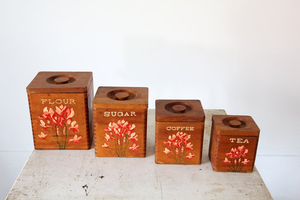 1950s Kitchen Canisters // Vintage Wood Dovetail Containers