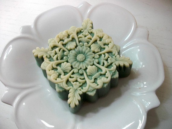 SOAP, Sage and Cream Filigree, Bath Bar, Handmade, Vegetable Based, Scented in Falling Leaves