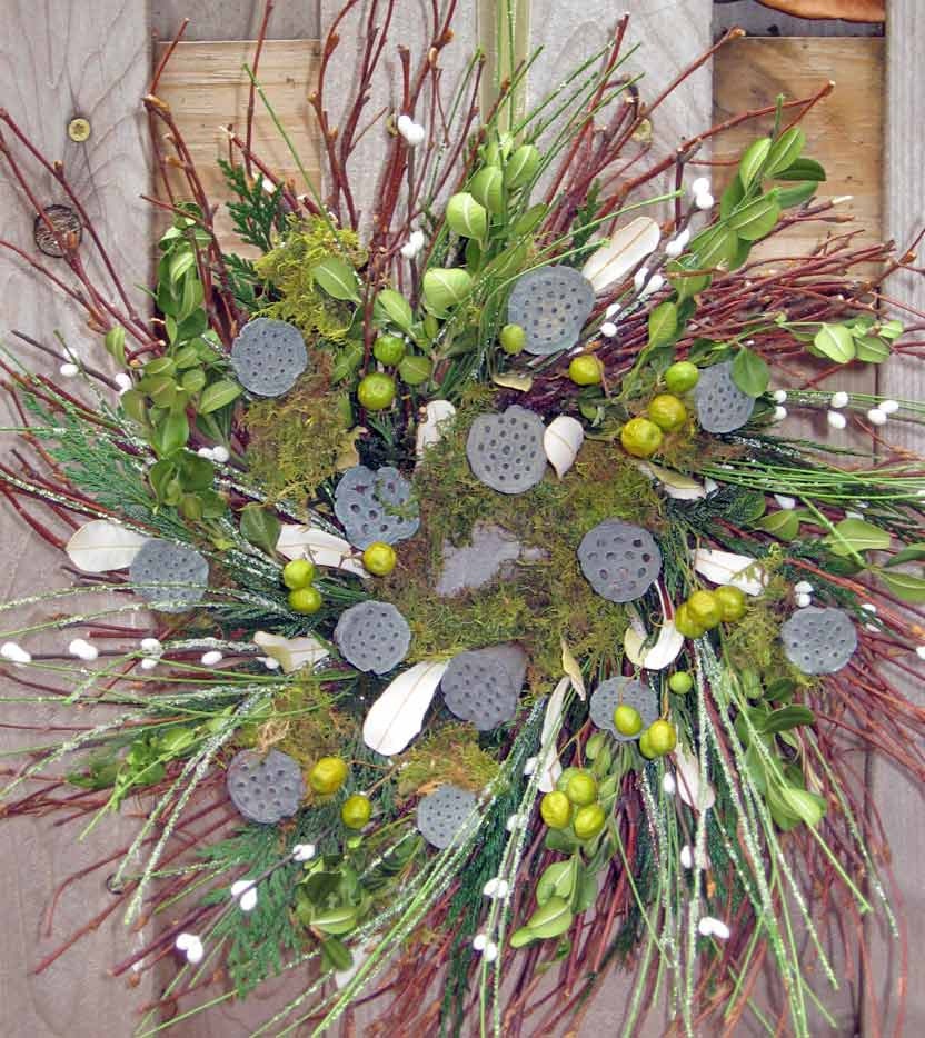 The Hobbit - winter wreath- Greens, grays, with white pip berries, Petite wreath,  neutral earth colors, natural dried & permanent