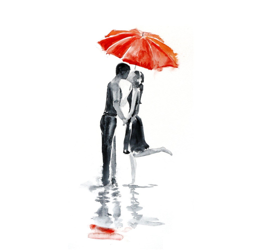 Love autumn rain umbrella kiss Original Watercolor Painting 20x27,5 contemporary modern wall art illustration abstract home wall decor