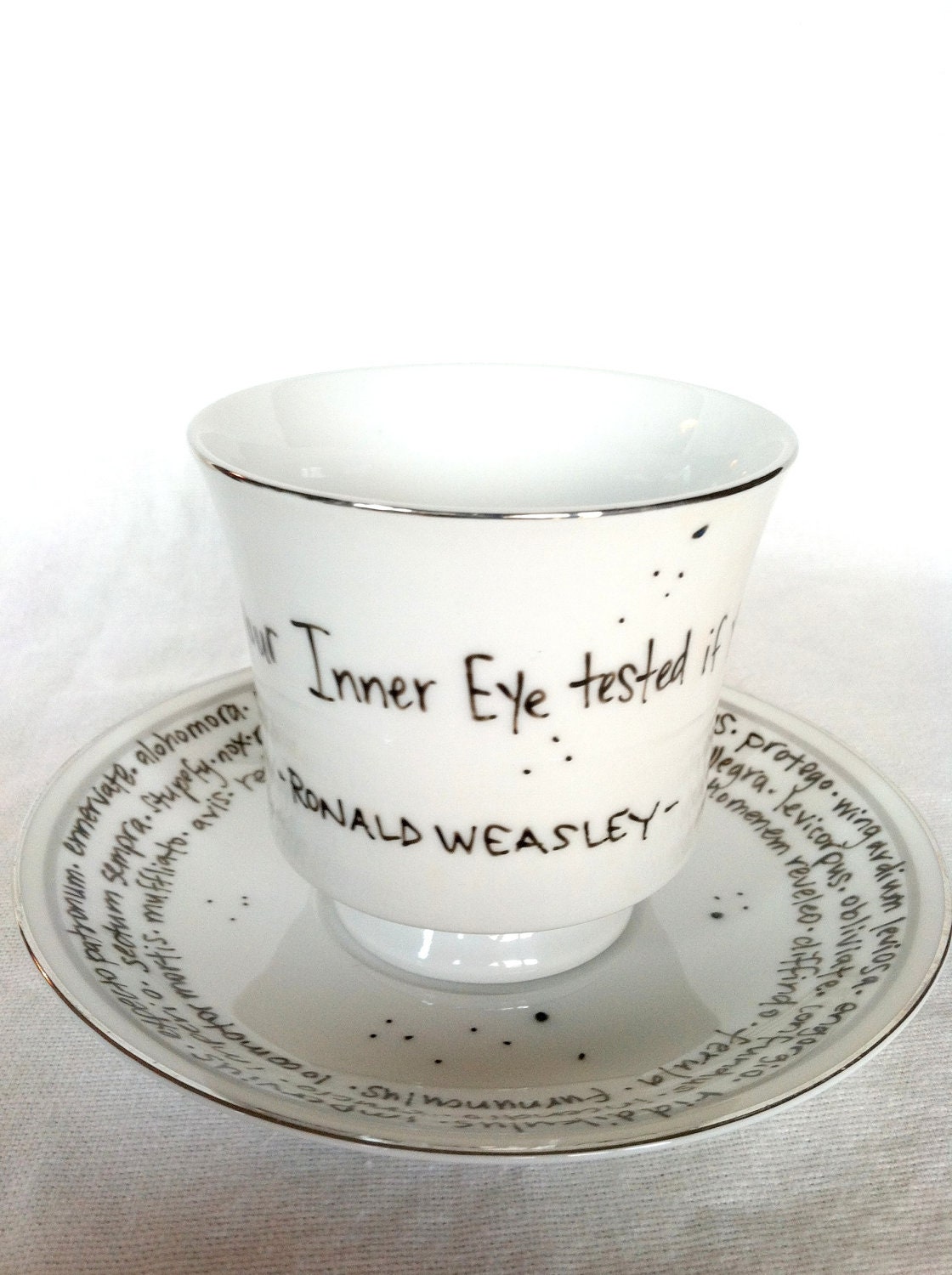 The Grim Teacup - "You need your Inner Eye Tested" Ron Weasley quote - hand-painted teacup and saucer with tea leaves and spells