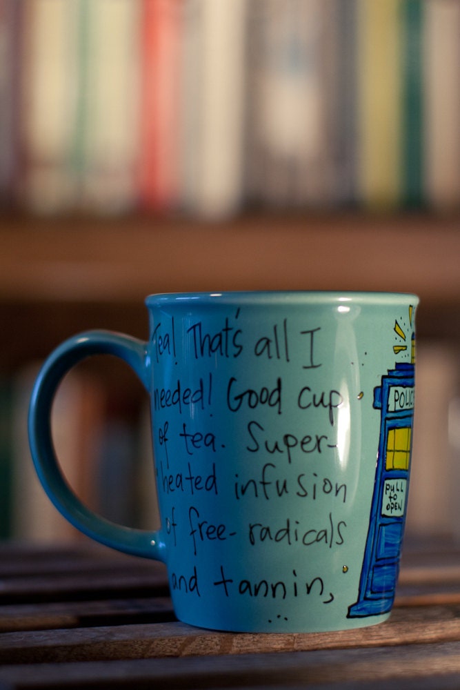 Doctor Who "Good cup of tea" Tenth Doctor hand painted quote mug with TARDIS - Large turquoise mug