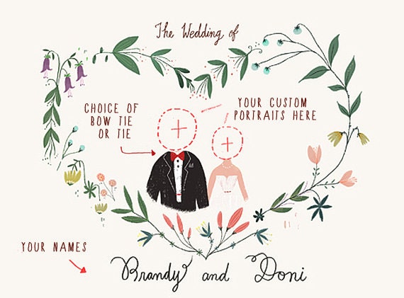 Printable Custom Portraits Wedding Invitation -  Illustrated Floral Wedding Invities - PDF -Blank Card/ 2 sided Flat Card