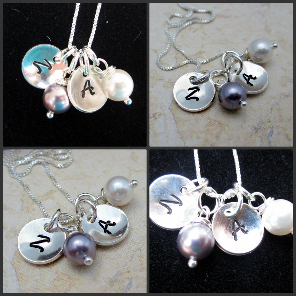 Personalized Initial Necklace - Monogram Necklace - Hand Stamped - Sterling Silver - Mommy Jewelry - simple & elegant two initials w/ Pearls