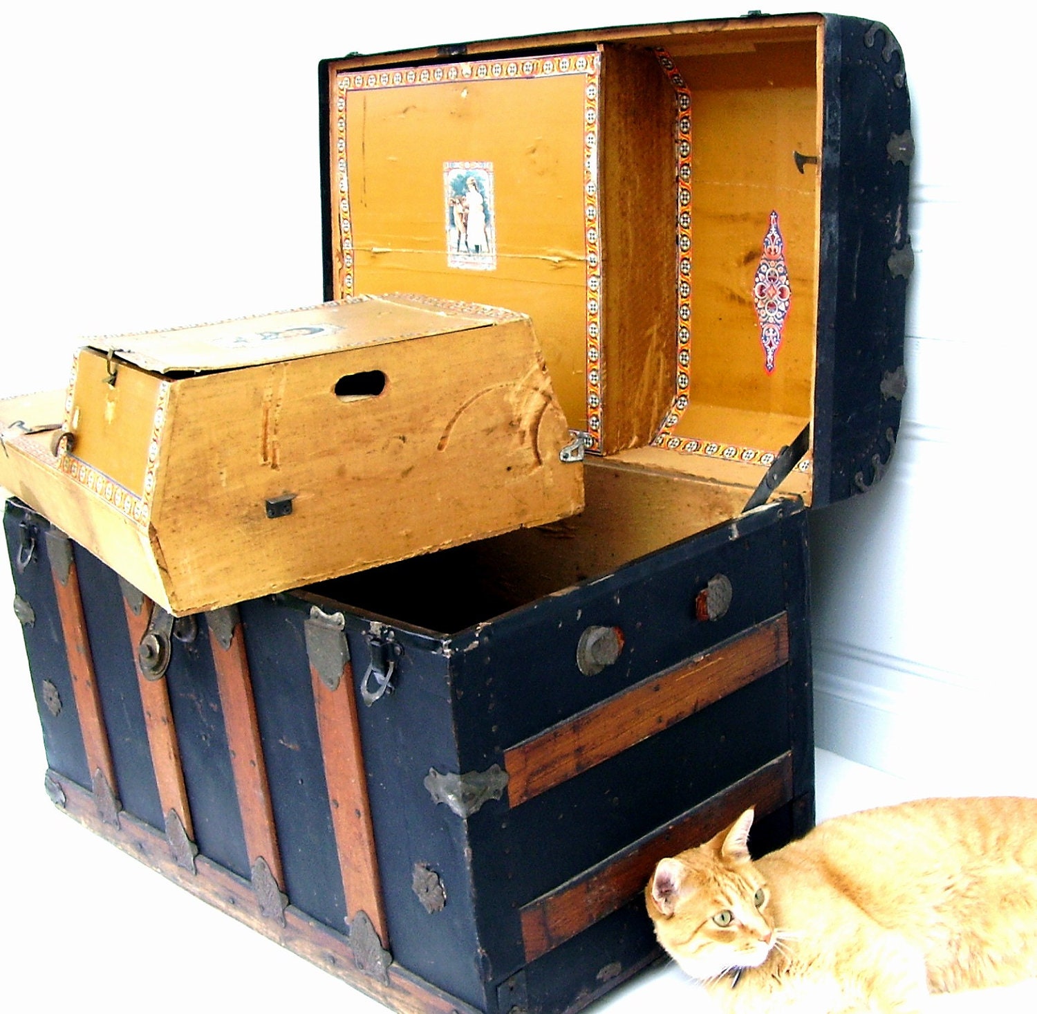 Vintage Steamer Trunk Antique Wood and Metal Waterfall Flat top Large