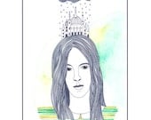 Art Illustration A4 Print Woman Castle Building On Head Rain Green Lemon Drawing Portrait Stripes Long Hair Ink Watercolor