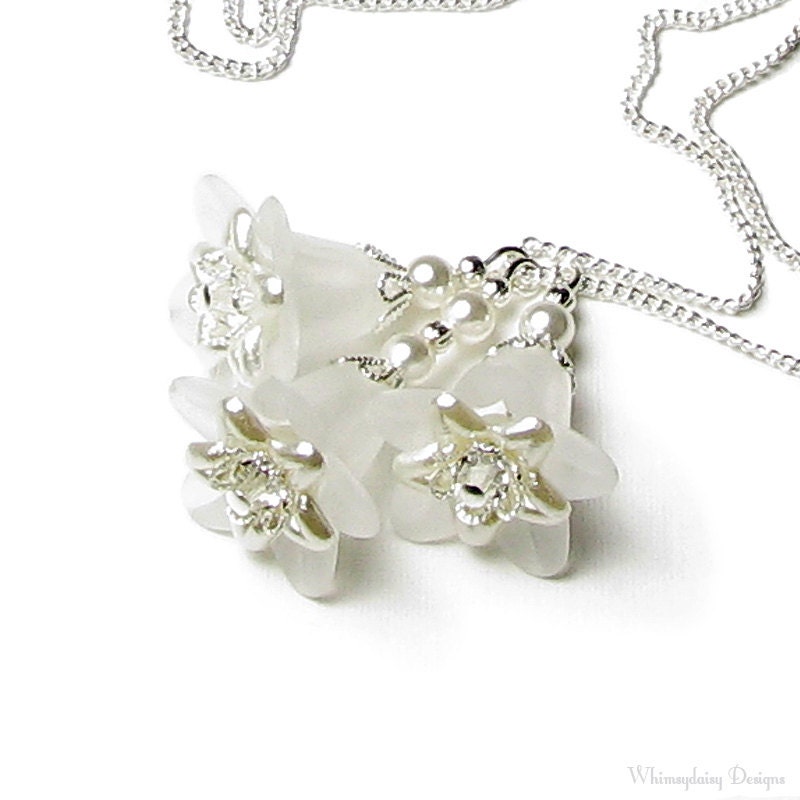 Wedding Bells White Floral Crystal Pearl Charm Necklace