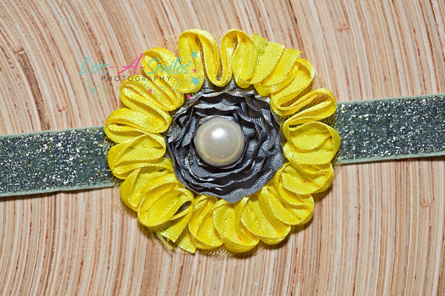 ready to ship - spring / summer headband, Newborn, Toddler, infant, baby headband, elastic headband, single yellow gray flower