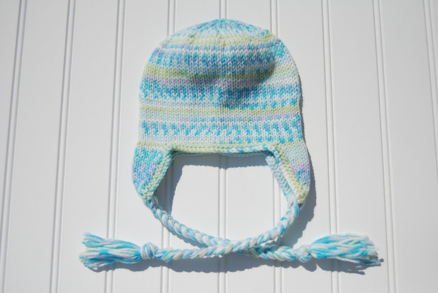 Knit Earflap Hat, Braids Aqua Green Multicolored, Newborn to 6 Month Size (Item 663)