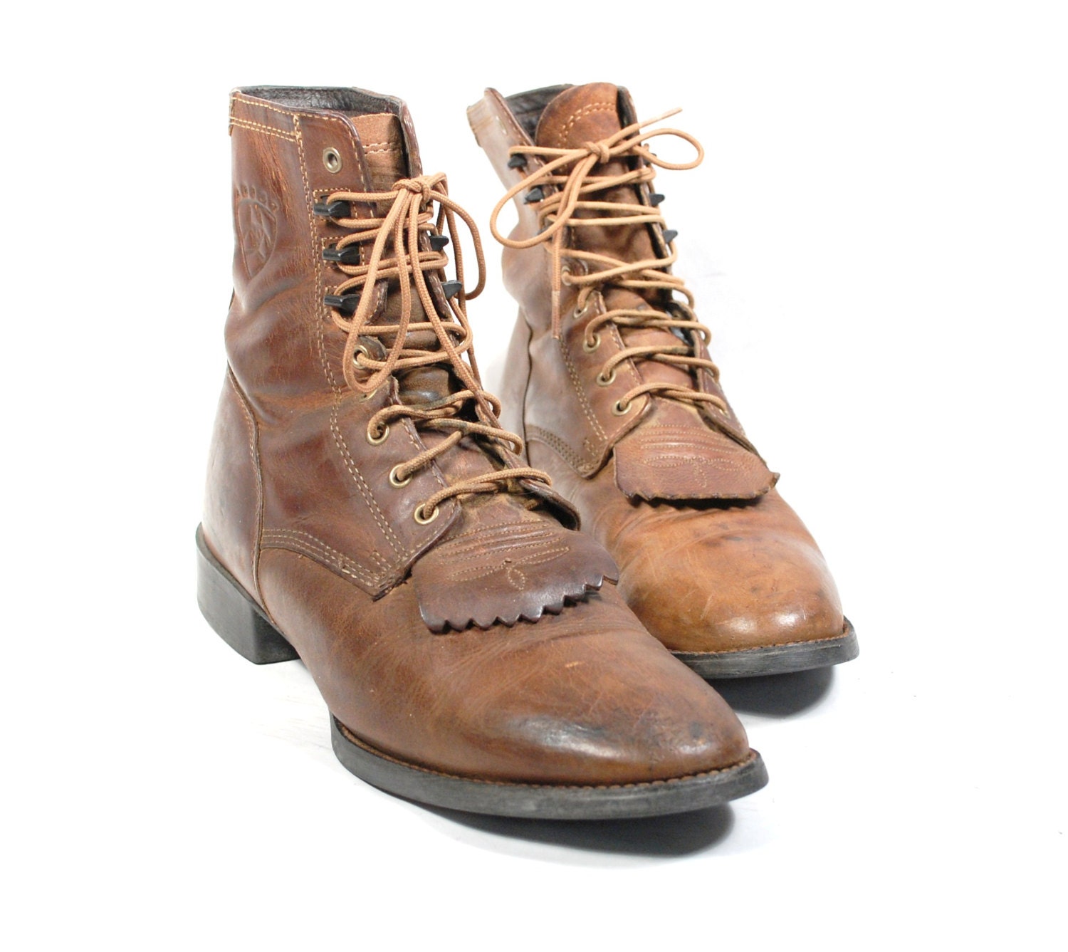 Vintage Mens US 9 1/2 EE Rugged Ariat Ropers High Top Brown Leather Western Cowboy Boots