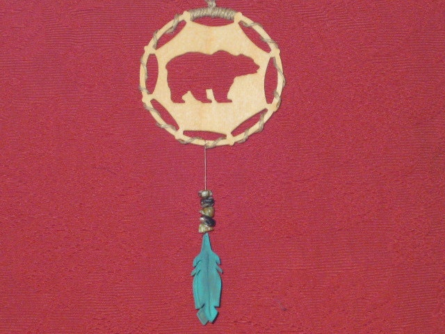 Grizzly Bear Dream Catcher - wooden ornament - with 2 feathers
