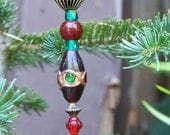 Beaded Christmas Ornament, Green, Red and Gold Vintage Looking Ornament, Holiday Decoration