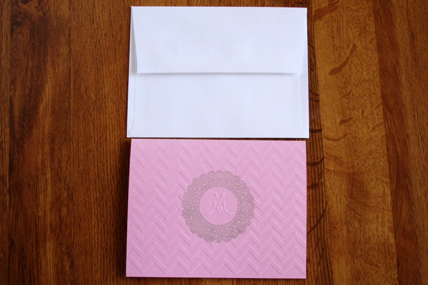 Monogram stationery set with chevron pattern in pink and gray- set of 50, envelopes included