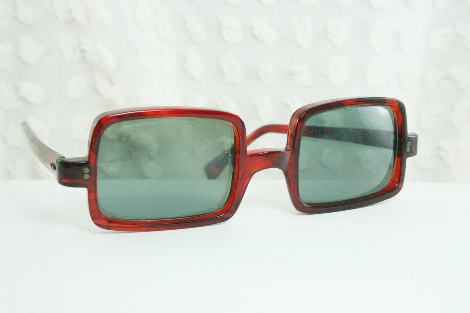 1960's Sunglasses Mod Square Tortoise Brown Horn Rim Frame Unisex Non Rx Gray Lens Frame Italy