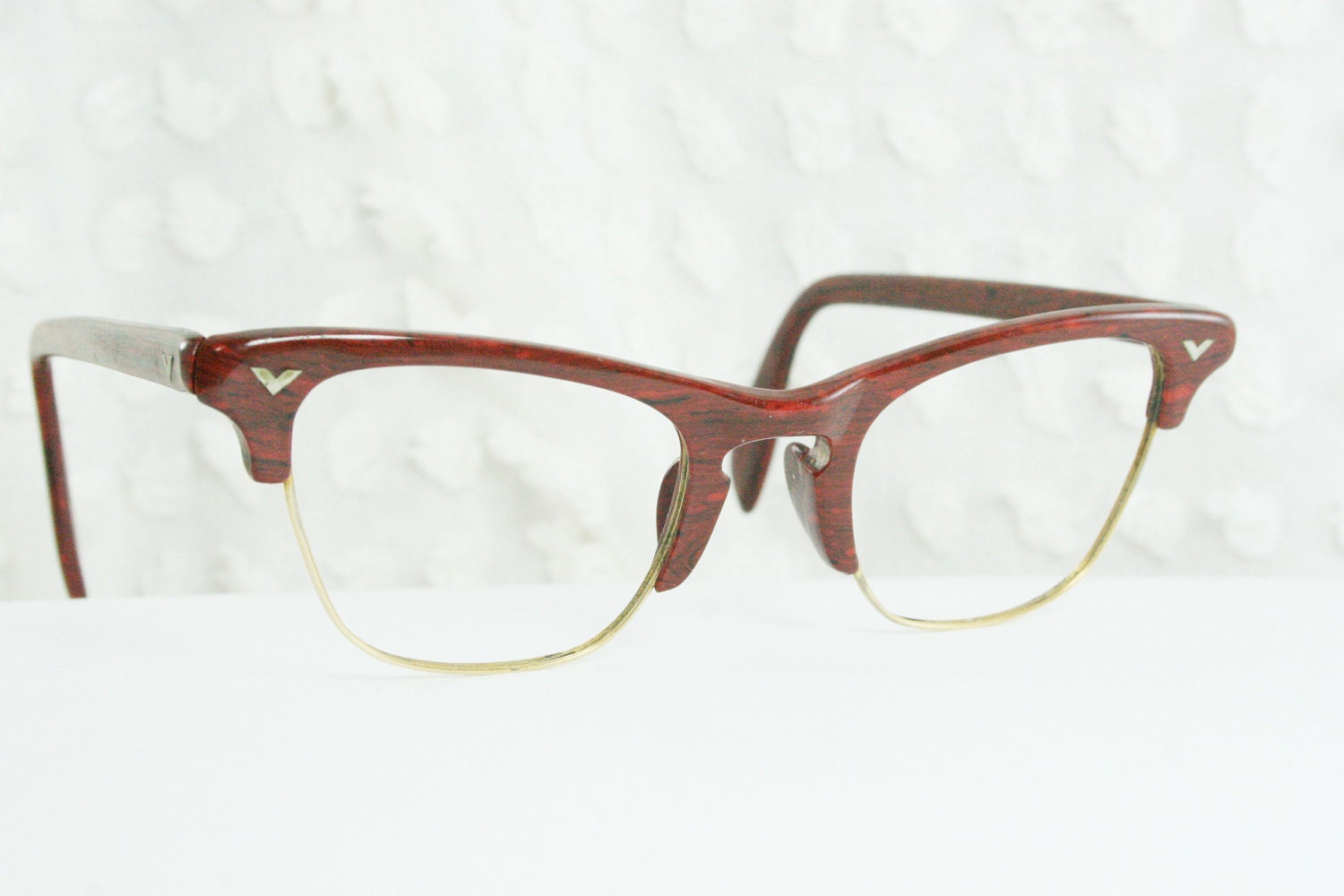 60s Cat Eye Glasses 1960's Browline Eyeglasses Redwood Yellow Gold Fill Wire Rim Combination Wood Grain NOS 46/22 Victory Optical Frame