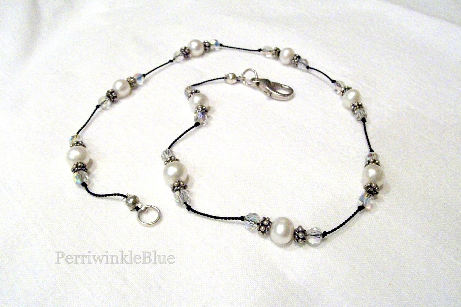 Winter Light Choker, Freshwater Pearls, Silver and Swarovski Crystals on Knotted Black Silk Cord Choker